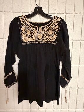 Hand Crafted Black Peasant Blouse with Cream Embroidery